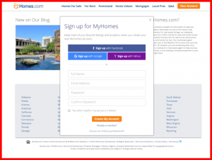 screenshot of sign up for MYHomes