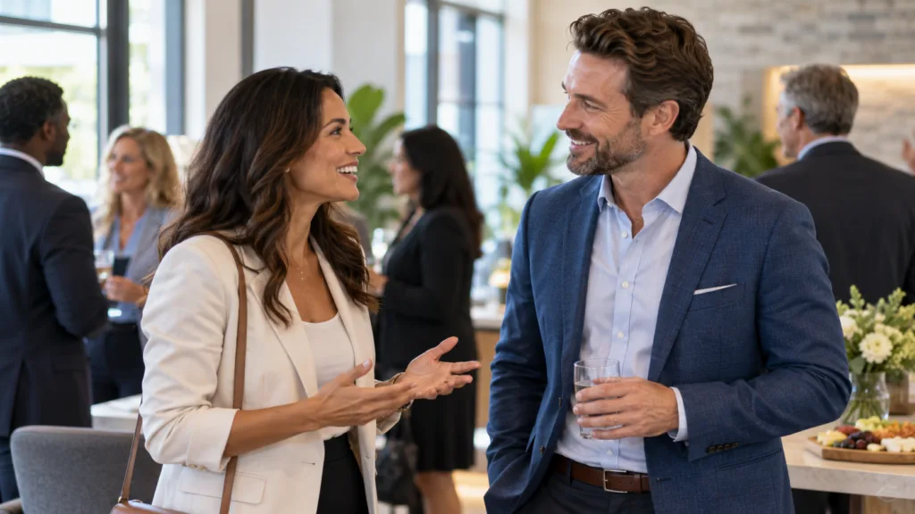 Two real estate professionals having a genuine conversation at a networking event